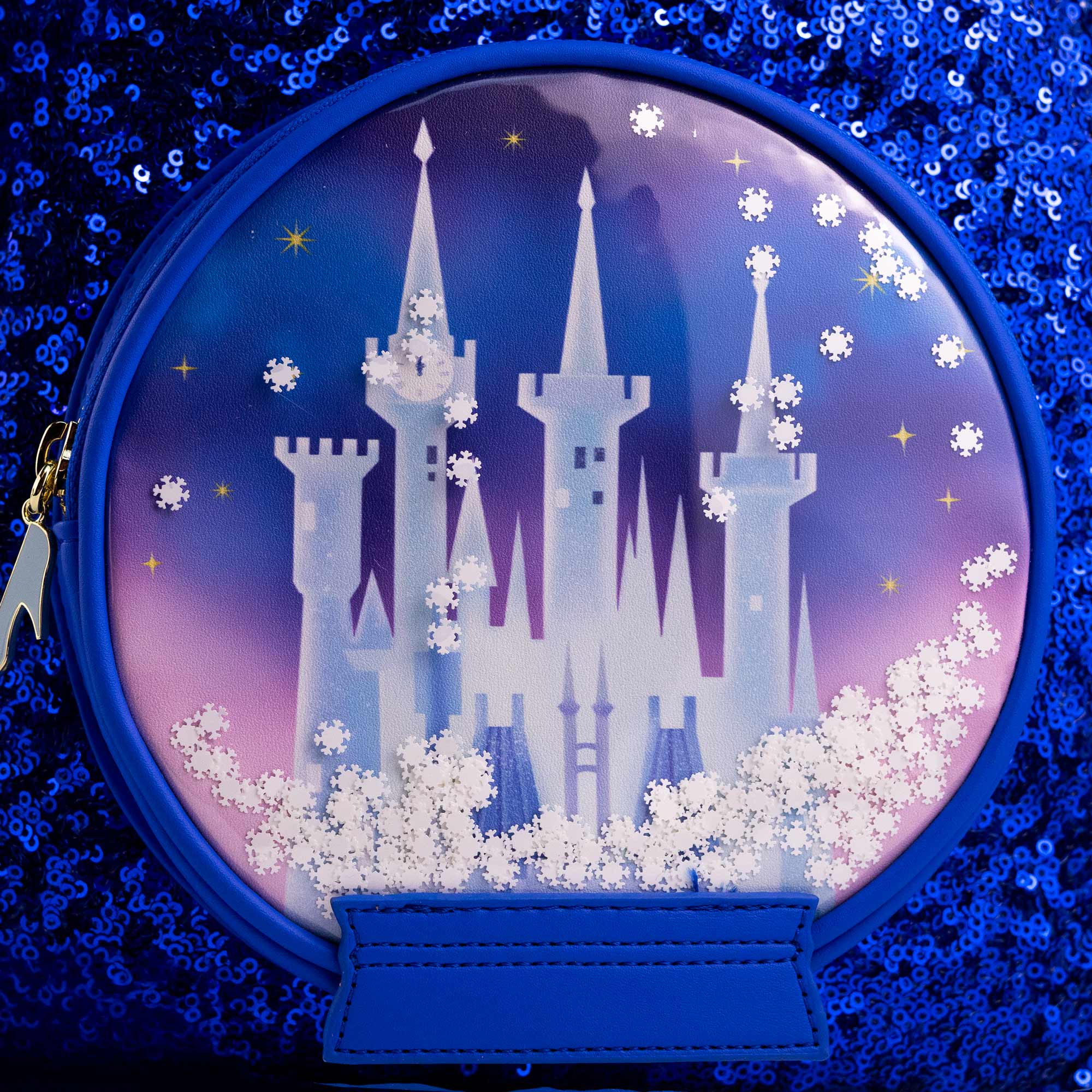 Loungefly x Disney Cinderella Castle Snow Globe Royal Blue Sequin Mini Backpack - Image 3