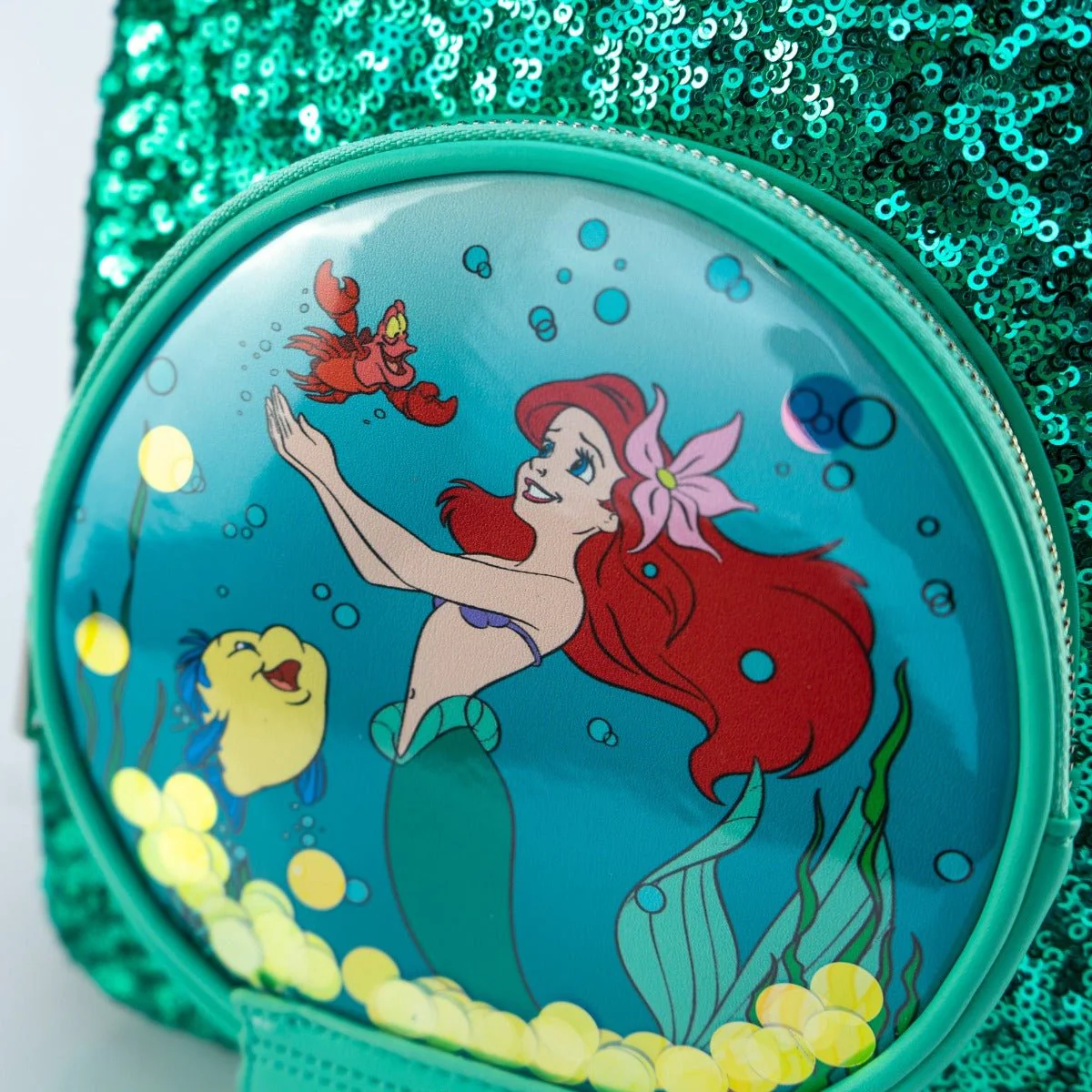 Loungefly x Disney Ariel Snow Globe Emerald Green Sequin Mini Backpack - Image 3