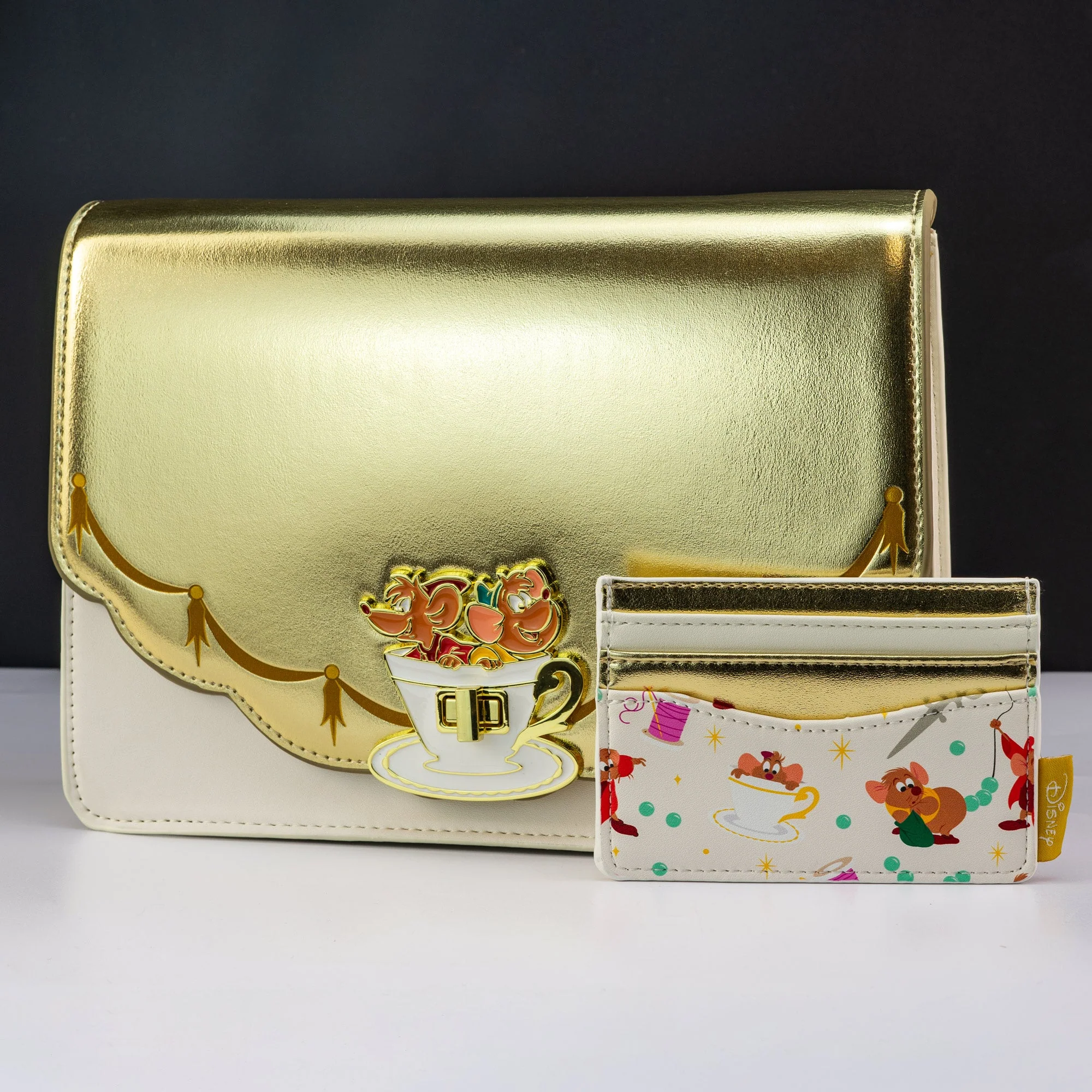 Loungefly x Disney Cinderella Lucifer Jaq and Gus Teacup Gold Foil Crossbody Bag - Image 9