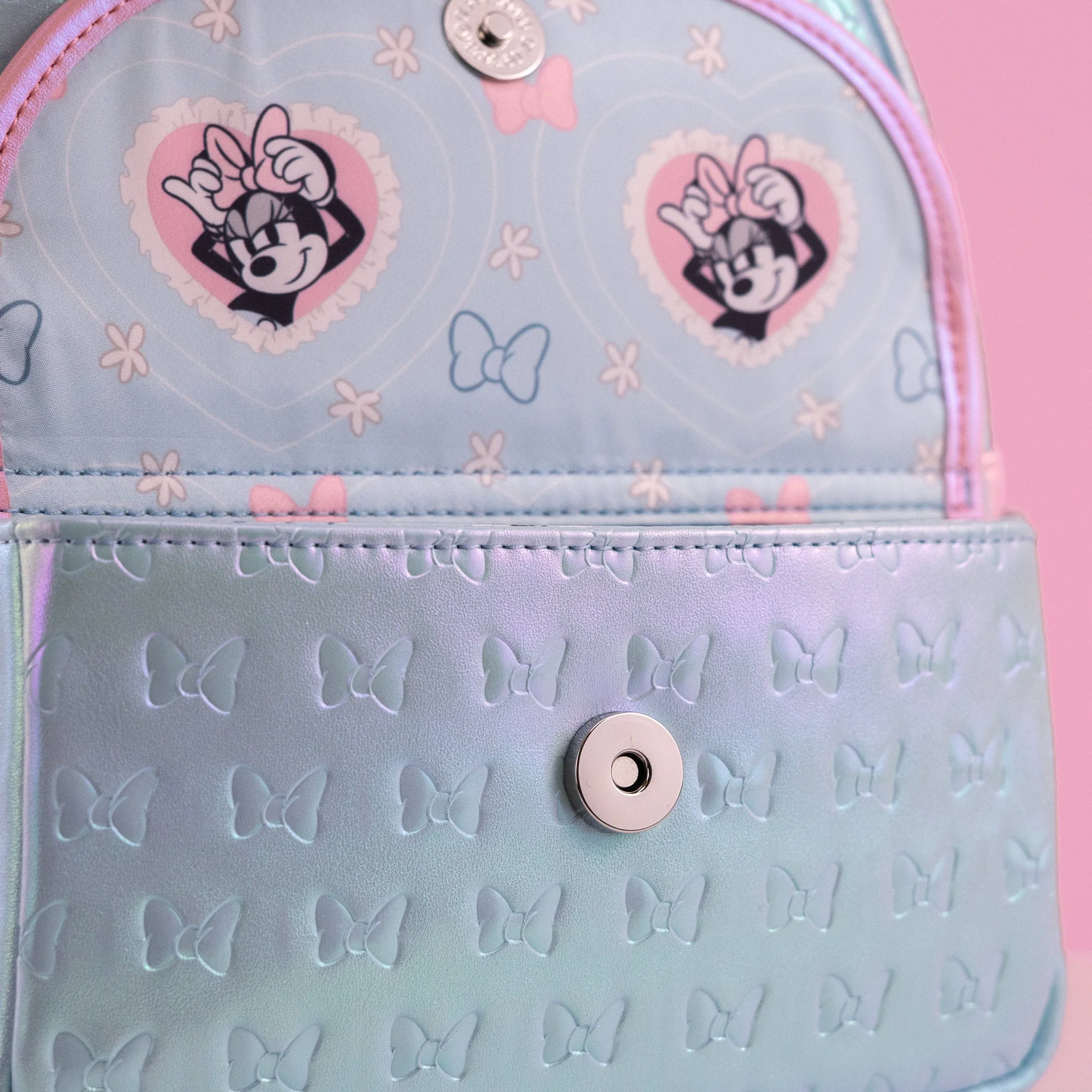 Loungefly x Disney Minnie Mouse Pearlescent Blue Bows Mini Backpack - Image 4