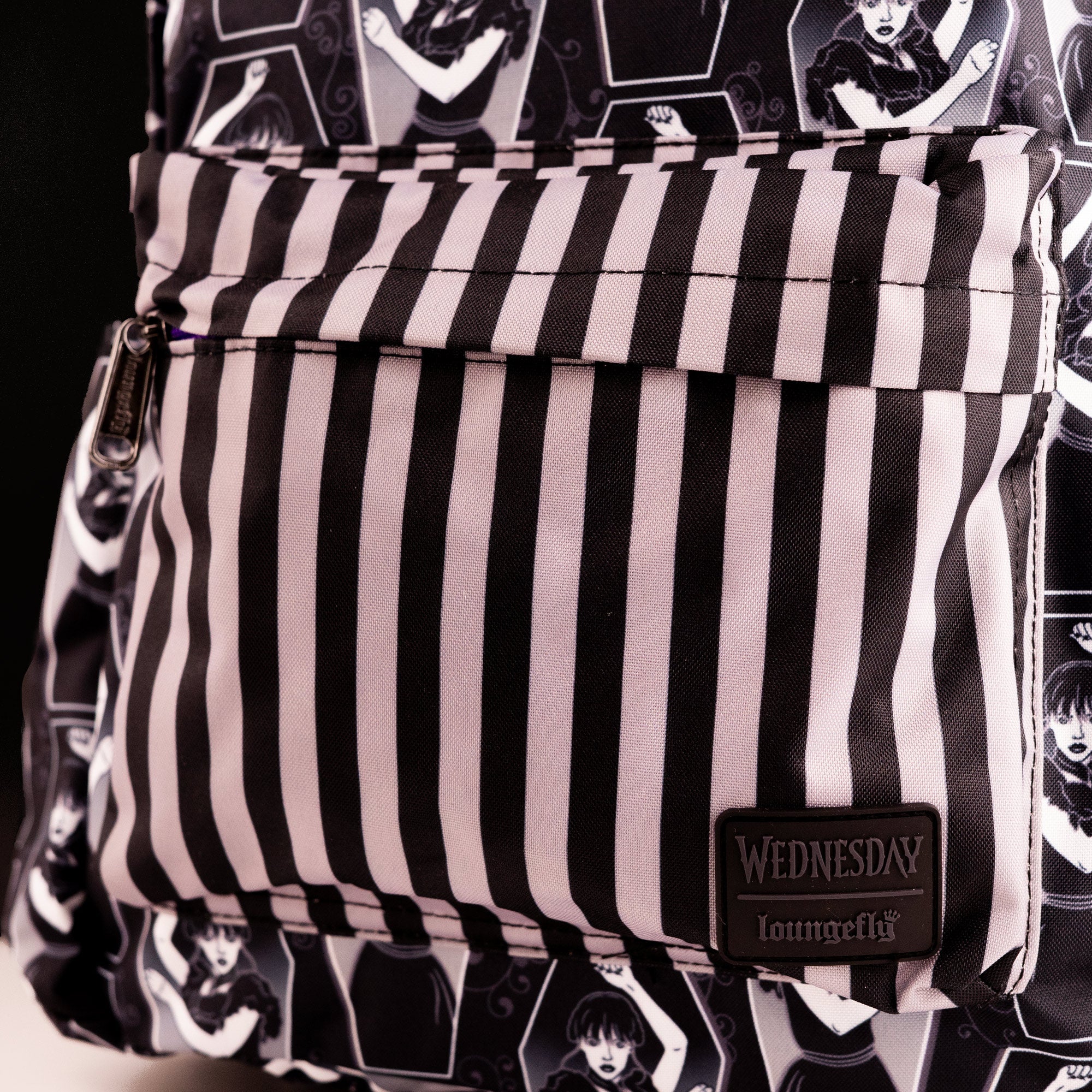 Loungefly x Wednesday Coffin Print Pin Striped Nylon Backpack - Image 2