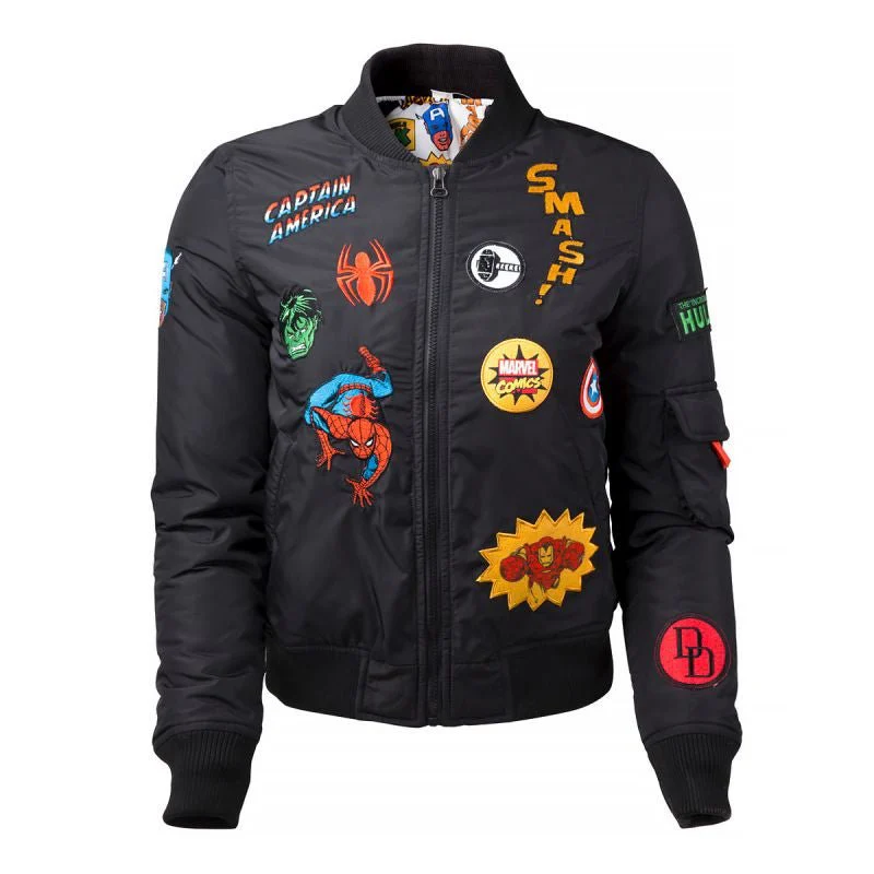 Marvel Girl's Black Bomber Jacket with Patches - Image 3