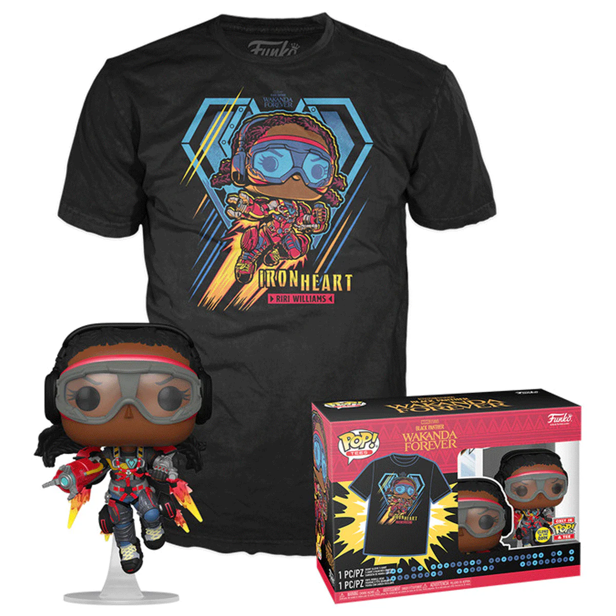 Marvel Black Panther Ironheart Mark 1 (Glow in the Dark) Pop! Vinyl and Tee Set - Image 3